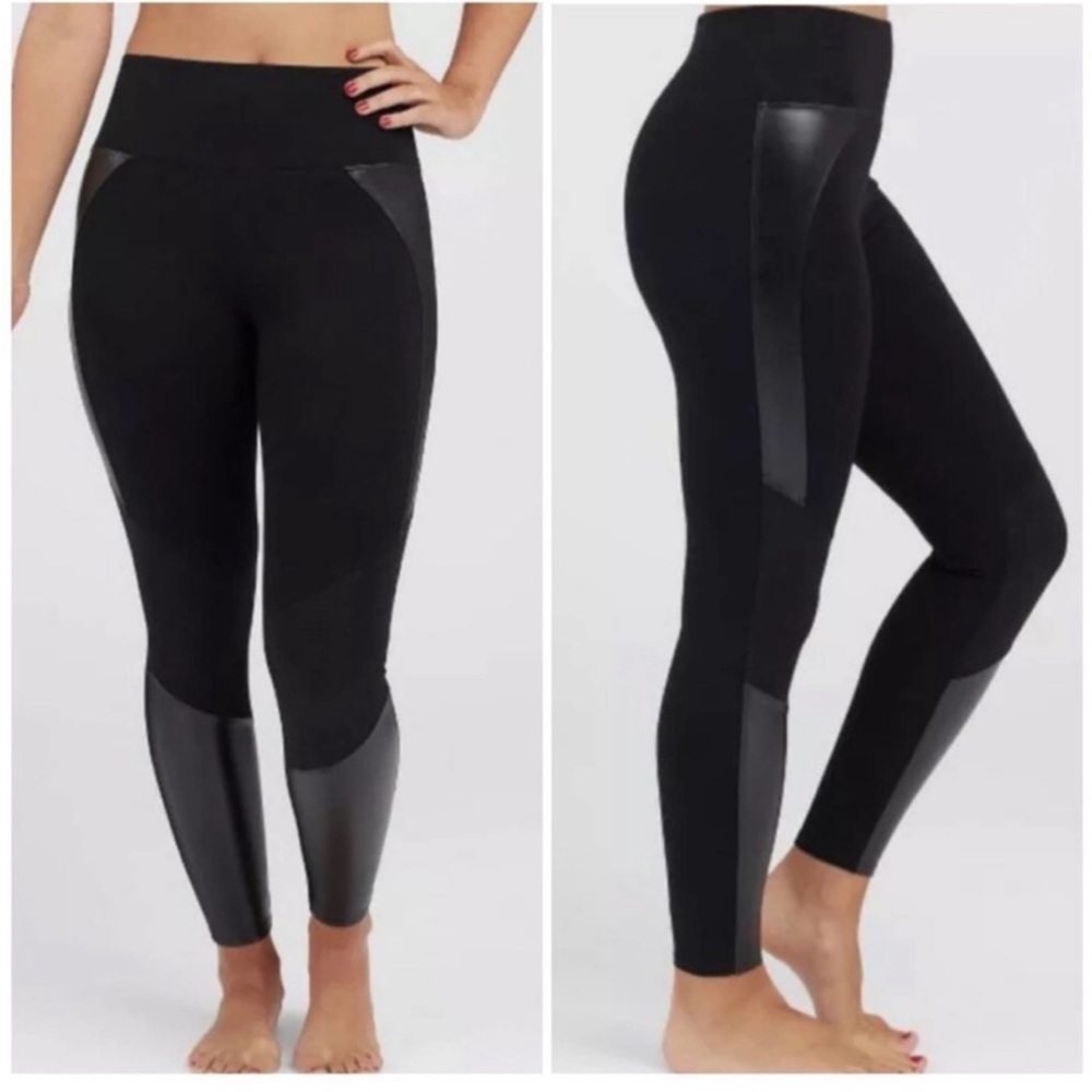Black Women's Leggings with Leather Accents